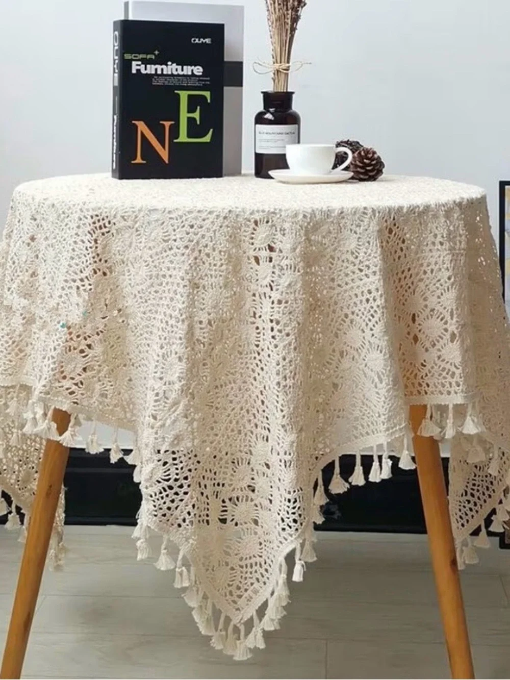 Boho Crochet Tablecloth with Tassels - Cream